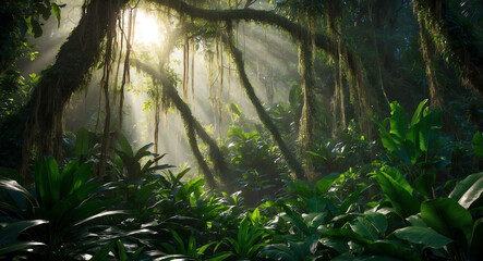 Wall Mural - Tropical jungle dense with foliage and sunlight streaming through thick branches