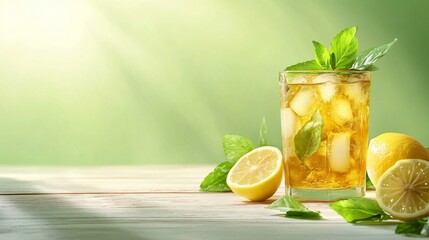 Wall Mural - glass of iced tea with lemon and mint on wooden table.