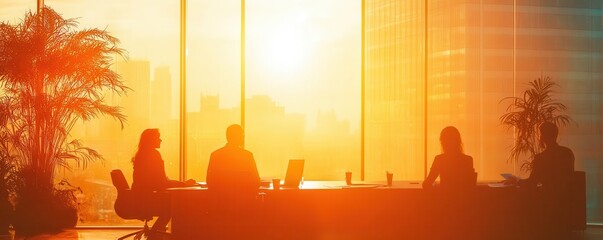 Office workers in a meeting with sunlight coming through the windows, Monday morning, collaboration and teamwork