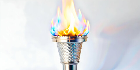 Floating Holographic Torch with Glowing Flame Symbolizing Human Rights - Medium Shot on White Background with Copy Space for Creative Design