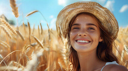 Happy beautiful woman smiling in a wheat field - Delightful female enjoying summertime sunny day outside - Wellbeing concept with confident girl laughing in the nature