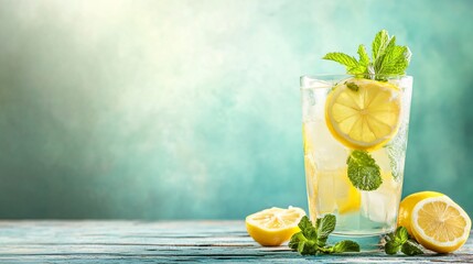 Wall Mural - glass of lemonade with lemon slices and mint leaves on a rustic wooden table.