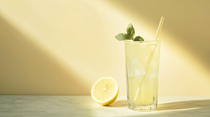 Wall Mural - glass of lemonade with a lemon slice and mint on a white marble table, backlit by warm sunlight.
