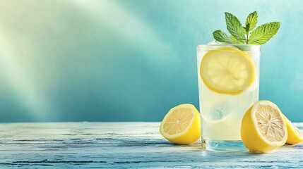 Wall Mural - glass of lemonade with lemon slices and mint leaves on wooden surface against a blue background.