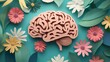 © Johannes - paper cut card Human brain with spring colorful flowers. World Mental Health day Concept of mental health, self care, happiness, harmony, positive thinking, creative mind