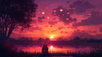 Sticker - As the sun sets in hues of pink, a couple shares a tender moment, watching floating hearts that symbolize their love and connection