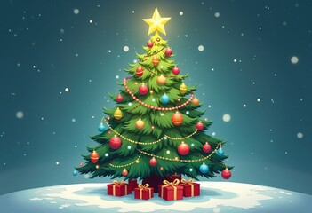festive cartoon christmas tree adorned with colorful ornaments and a glittering star, radiates holid