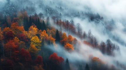 Wall Mural - Autumn fog envelops a serene forest in the Balkan Mountains, Bulgaria, with vibrant fall colors peeking through the mist