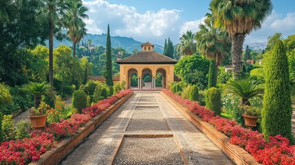 Wall Mural - Serene garden pathway leading to a charming pavilion.