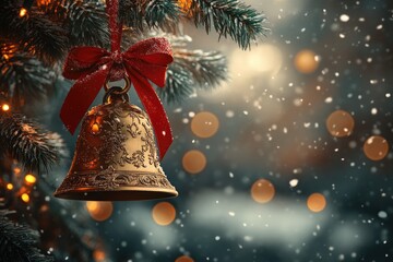 Wall Mural - christmas bell hanging from snowy fir tree branch with red ribbon