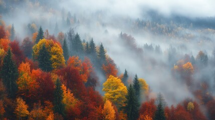 Wall Mural - Autumn in Bulgaria Balkan Mountains: a serene, fog-covered forest with a stunning array of fall colors