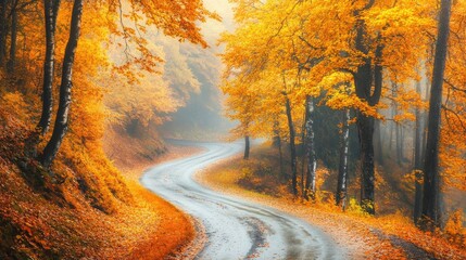 Poster - Autumn in Eastern Europe: a magical forest with colorful yellow and orange foliage, tree trunks, and a winding road through the vibrant landscape