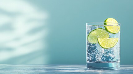 Wall Mural - glass of sparkling water with lime wedges on a blue background.