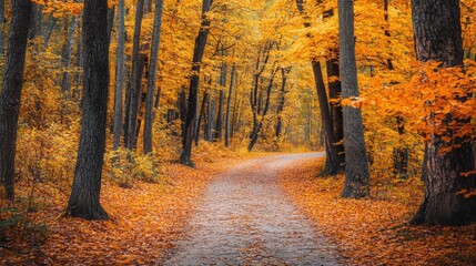 Wall Mural - Autumn magic in Eastern Europe: a forest path with vibrant yellow and orange leaves, tree trunks, and a scenic road creating a mesmerizing fall landscape