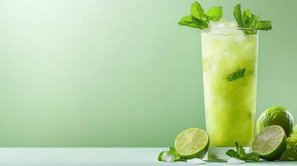Wall Mural - green drink with lime and mint on a green background.