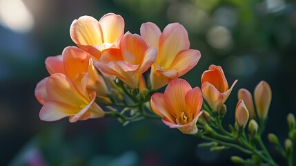 Poster - Delicate orange and yellow flowers blooming in a lush garden during the early morning light