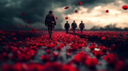 Wall Mural - A group of soldiers walking through a field of red poppies