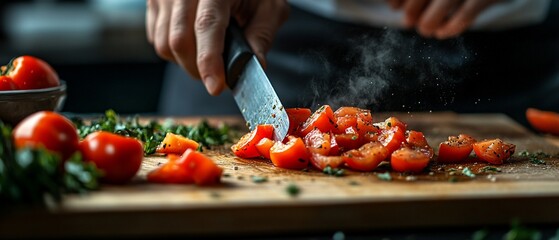 Close up of a chef chopping tomatoes on a wooden cutting board with a sharp knife.