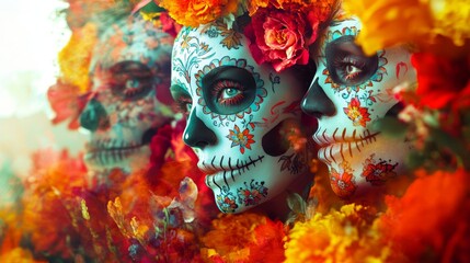 Poster - Vivid representation of Day of the Dead using double exposure