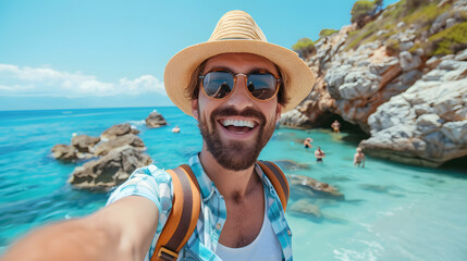 Happy handsome man taking selfie pic with cellphone outside - Male tourist enjoying summer vacation at beach holiday - Travel life style concept with smiling guy laughing at camer