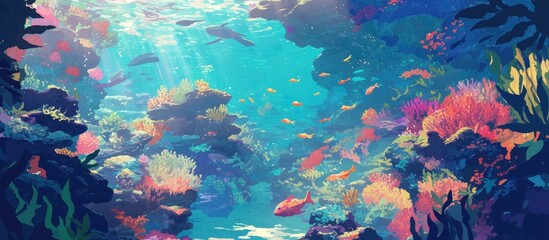 Wall Mural - Vibrant tropical coral reef depicted in a detailed underwater painting showcasing diverse marine life and a flourishing aquatic ecosystem