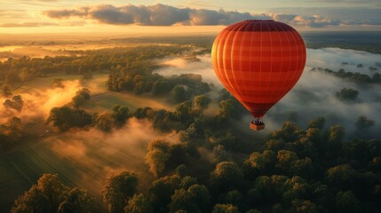 Sticker - Hot Air Balloon Ascending Over Misty Forest at Sunrise