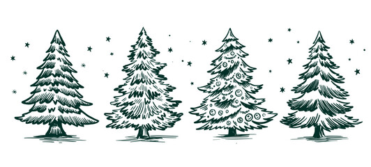 Wall Mural - Christmas tree with snow, set on white, hand drawn illustration	
