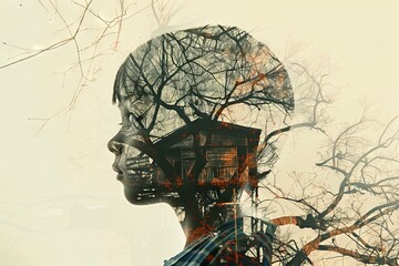 Wall Mural - A girl's face is shown in a tree trunk