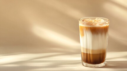 Wall Mural - iced coffee in a tall glass with ice cubes on a beige background.