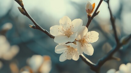 Poster - Delicate cherry blossoms bloom on branches in early spring, showcasing their intricate petals against a soft background