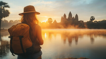 A traveler enjoys a tranquil sunrise by an ancient temple