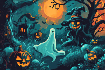 Wall Mural - A whimsical Halloween scene with a ghost amidst carved pumpkins, a witch, eerie trees, and a glowing moon enhancing the spooky atmosphere.