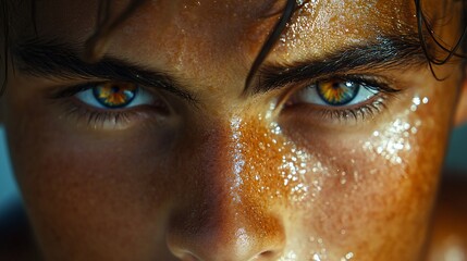 Wall Mural - Close up portrait of a young man with sweat on his face looking at the camera.