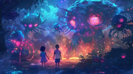 Wall Mural - A boy and a girl are looking at a monster in a forest