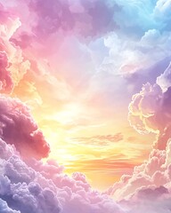 a colorful and dreamy sky with fluffy clouds at sunset.