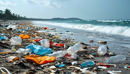 Sticker - Plastic-strewn beach highlighting the urgent environmental crisis caused by pollution