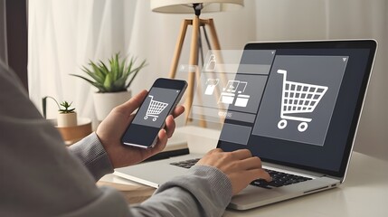 Business ecommerce concept. Person use smartphone and laptop with online shopping cart icon on virtual screen. online purchase, ecommerce store, online business, shopping.