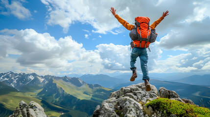 Hiker with backpack raising hands jumping on the top of a mountain - Successful man with arms up enjoying victory - Sport and success concept