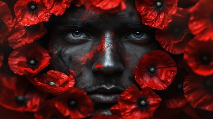 Poster - A man's face is covered in red paint and surrounded by red flowers