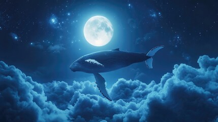 Surreal depiction of a humpback whale leaping through clouds towards a shining moon created in a 3D illustration