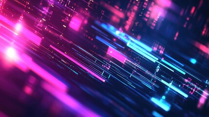 Neon glowing technology lines create a high tech futuristic abstract background template in a 2D cartoon illustration style