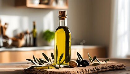 Wall Mural - Elegant glass bottle of golden olive oil, ideal for kitchen aesthetics and promoting healthy culinary practices