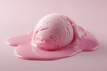 small scoop of ice cream with pink melting sauce isolated