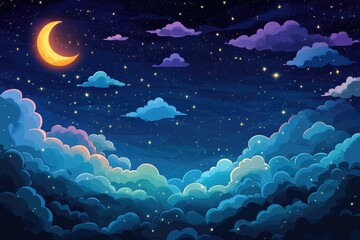 Wall Mural - Enchanting night sky filled with stars designed in a vibrant 2D cartoon style