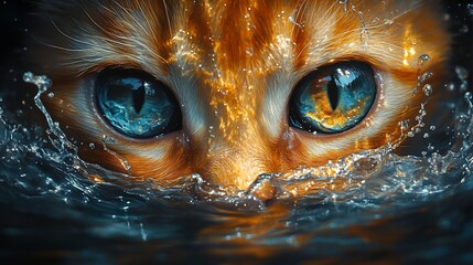 Close-up of a cat's blue eyes emerging from water with splashes.