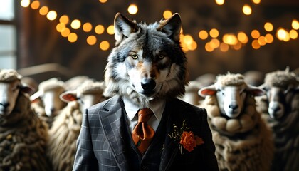 Wall Mural - Corporate Masquerade: A Wolf in a Suit Navigating the Crowd of Sheep