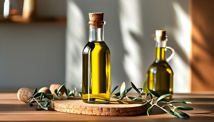 Wall Mural - Elegant glass bottle of golden olive oil, ideal for kitchen aesthetics and promoting healthy culinary practices