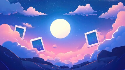 Wall Mural - Surreal landscape featuring a full moon floating clouds and decorative photo frames in a 2D cartoon style illustration