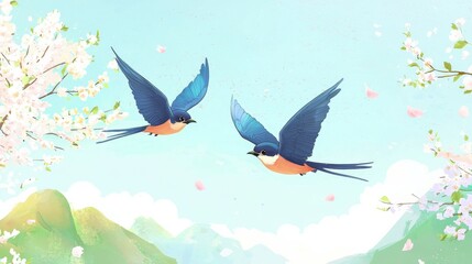 Sticker - Two swallows fly in the sky, with spring scenery on both sides and a light blue background color