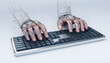 © Synaf official - Digital 3d human hands typing on computer or laptop keyboard. Office work, workplace or business concept. Abstract vector wireframe isolated in white. Low poly sketch drawing with dots and lines .